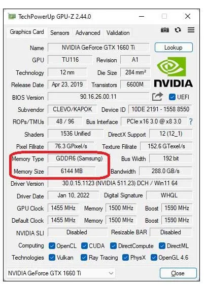 مقدار VRAM در برنامه GPU-Z