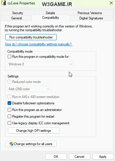Disable fullscreen optimizations در بازی CS2