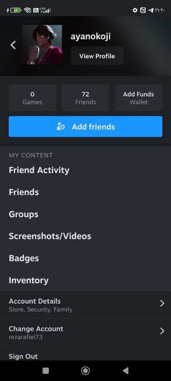 پروفایل استیم در برنامه اسم موبایل