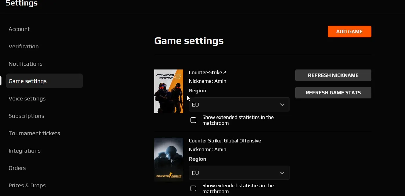 تنظیم ریجن در FACEIT 2