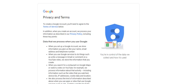 شرایط خدمات و خط مشی رازداری Google.