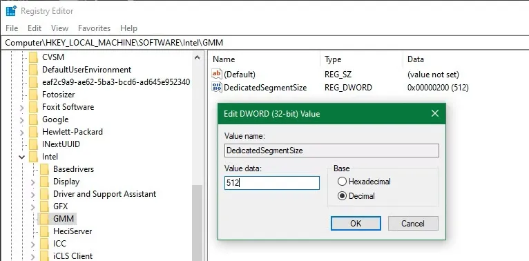 رجیستری Intel Edit VRAM Value