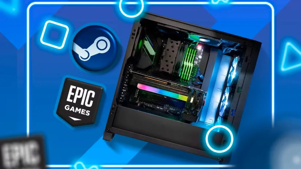 یک کامپیوتر بازی با لوگوی Epic Games و لوگوی Steam در کنار آن.