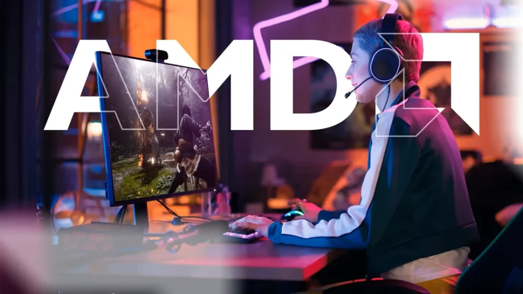 شخصی گیمر در حال بازی با لوگو AMD