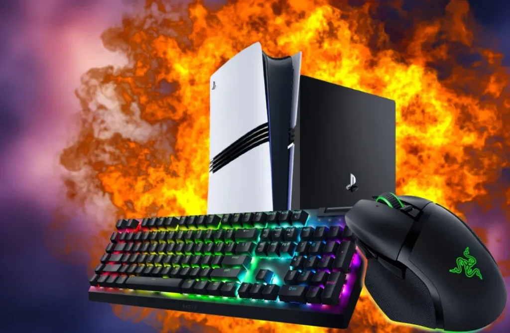 پلی استیشن 4 و 5 با پس ضمینه آتشین به همراه صفحه کلید و موس