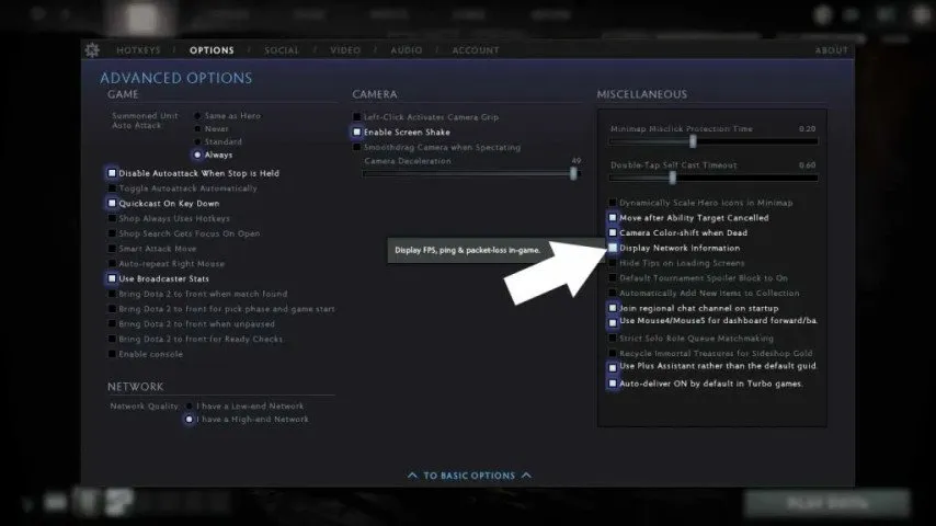 تیک گزینه نمایش FPS در بازی DOTA2