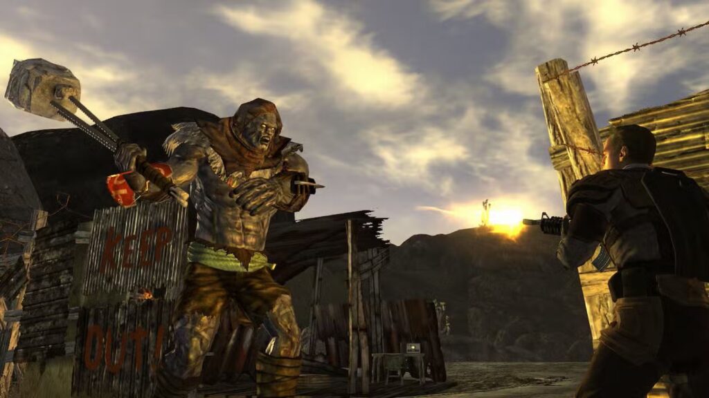 بازیکن Fallout New Vegas در حال تیراندازی به nightkin.\