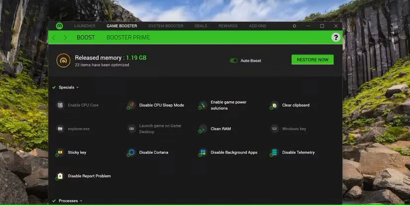 صفحه تقویت کننده بازی در برنامه Razer Cortex ویندوز