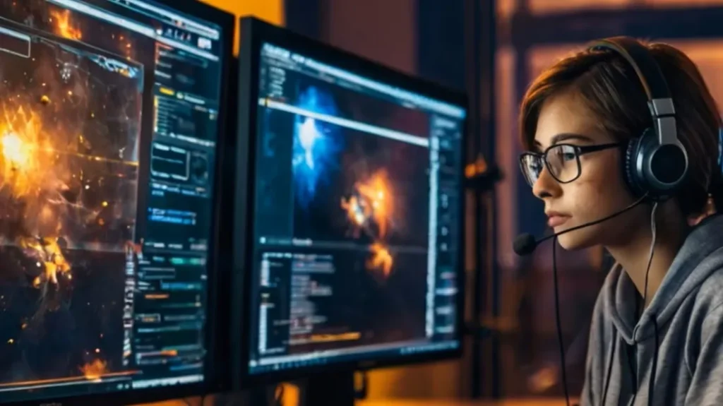 یک گیمر در حال اجرای بازی روی دو مانیتور