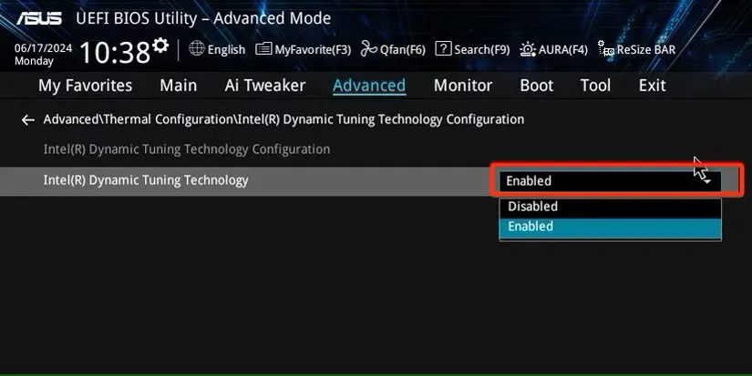 فعال کردن Intel dtt در ایسوس بایوس