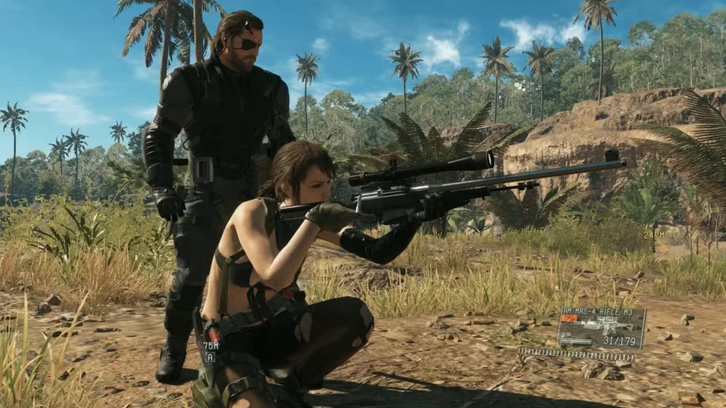 Metal Gear Solid 5 The Phantom Pain Snake در کنار Quiet که تفنگ را نشانه گرفته است.