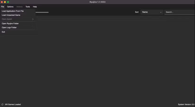 صفحه اصلی macOS Ryujinx باز میشود، با گزینههایی برای پیکربندی Ryujinx