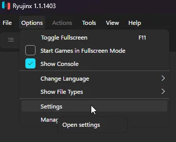 تنظیمات برنامه ryujinx
