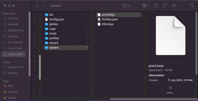 پوشه سیستم Ryujinx با prod.keys پیست شده در دایرکتوری باز میشود.