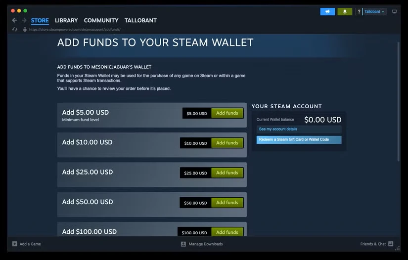 اضافه کردن وجوه به صفحه کیف پول در Steam