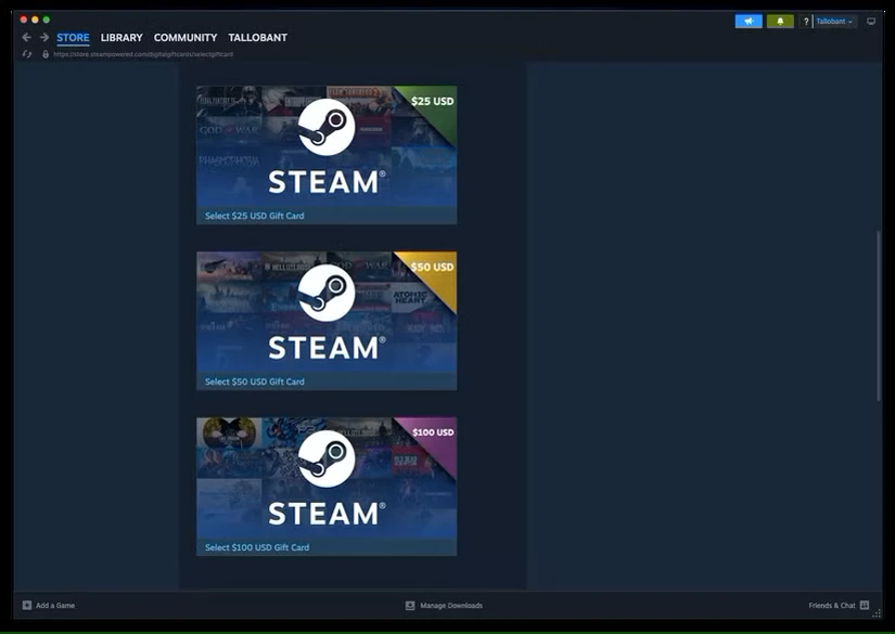 لیست کارت های هدیه Steam در Steam