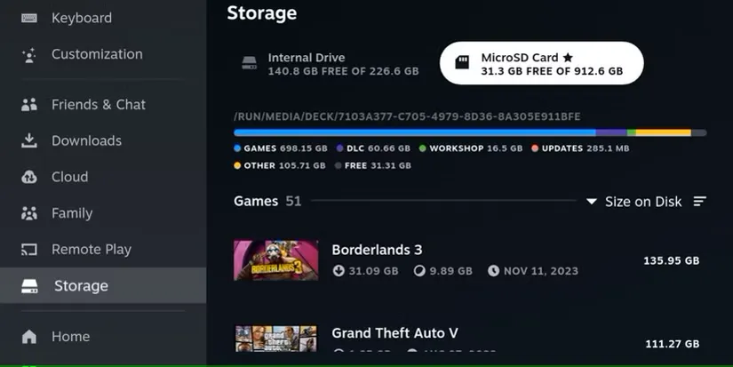 تصویر صفحه ذخیره‌سازی Steam Deck
