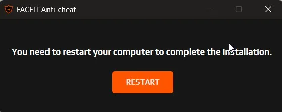درخواست ری استارت کردن از طرف آنتی چیت FACEIT