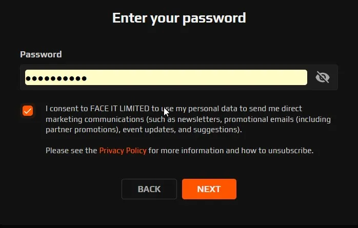 انتخاب رمز عبور در faceit
