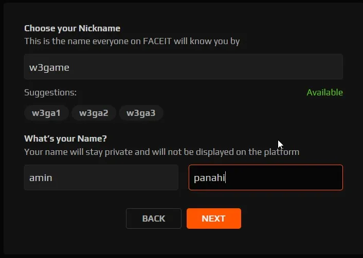 انتخاب نام کاربری در faceit