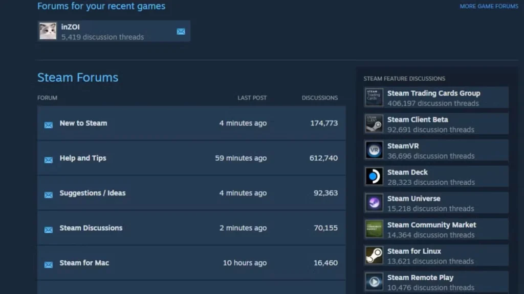 انجمن Steam Inzoi با پنج بحث که بین پیشنهادات و اشکالات جدا شده است.
