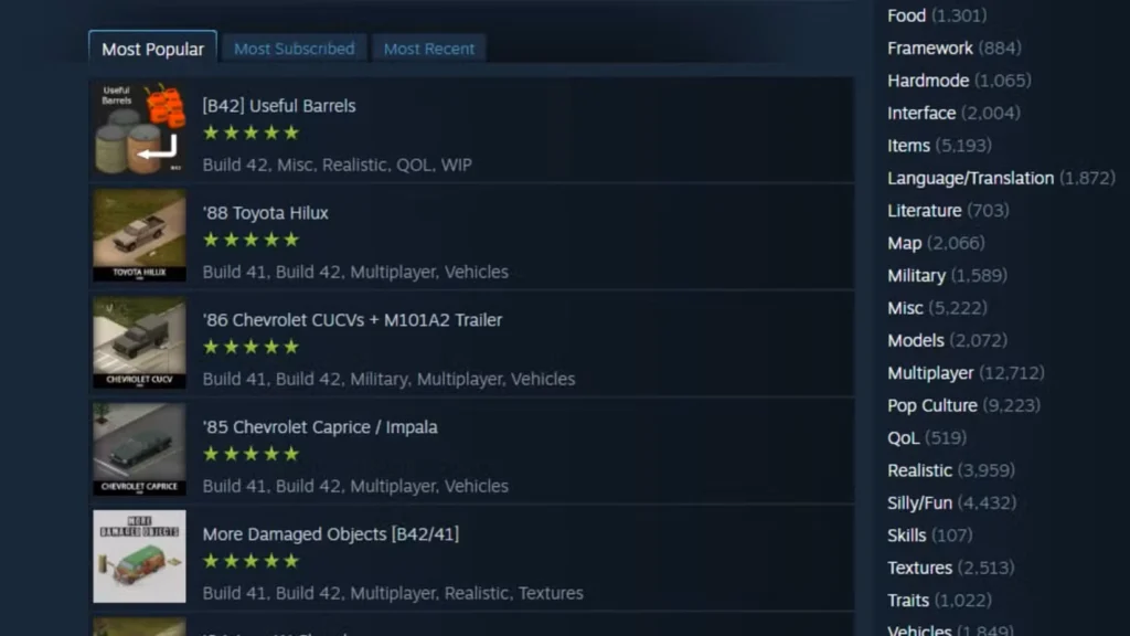 لیستی از حالتهای Steam برای Project Zomboids که حالتهای مختلف ماشینها را نشان میدهد.
