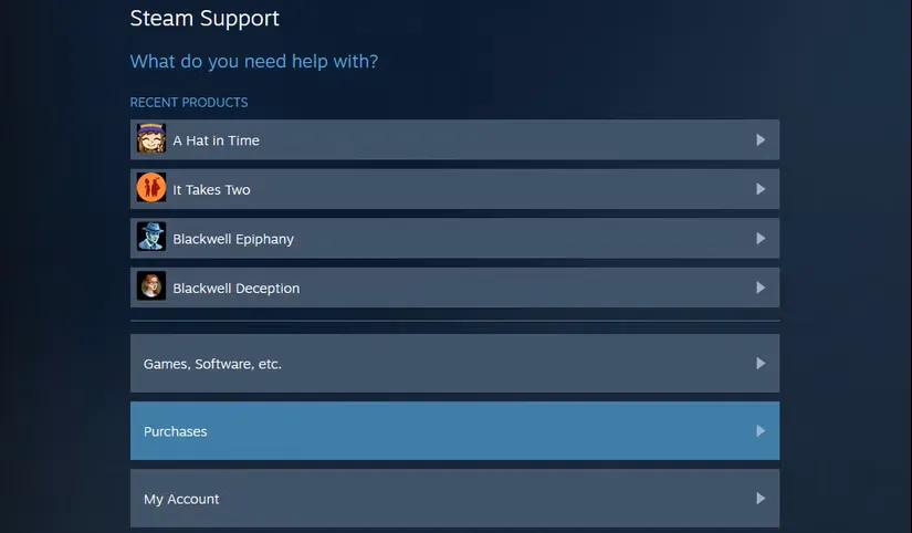 صفحه پشتیبانی Steam با مشخص شدن «Purchases».