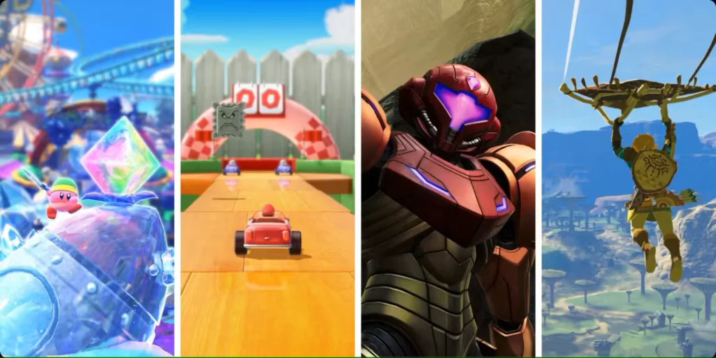 نسخههای سوییچ ۲ بازیهای Kirby، Mario Party، Metroid و Zelda.