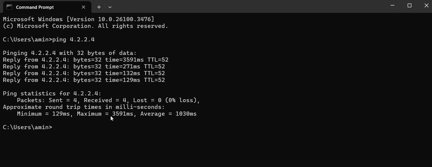 تست پینگ در cmd