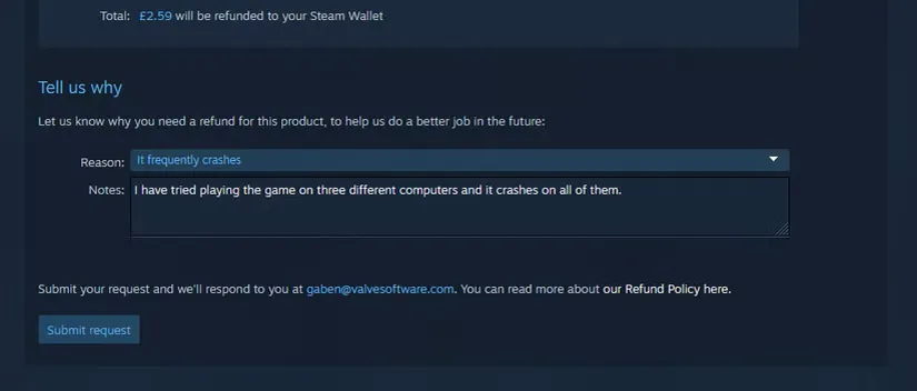 فیلدهای «به ما بگویید چرا» در فرم بازپرداخت Steam.