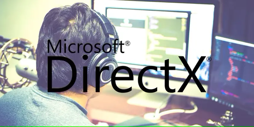 لوگوی DirectX بر روی عکسی از یک مرد در حال کدنویسی قرار گرفته است.