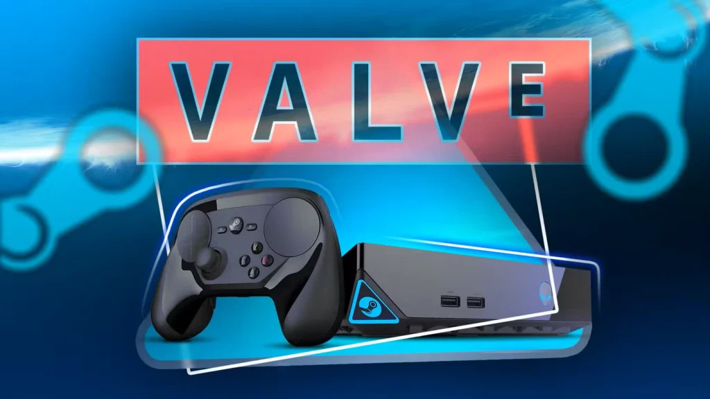 دستگاه استیم سوپاپ با آرم Valve در بالا و نشان Steam در طرفین.