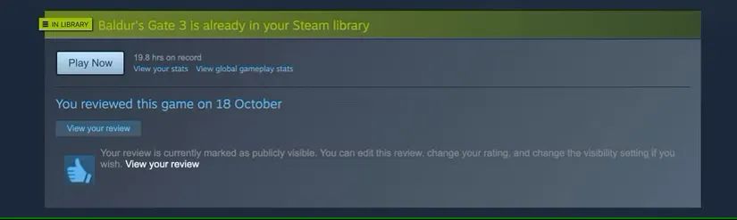دکمه مشاهده نقد شما در صفحه فروشگاه Steam بازی Baldur's Gate 3
