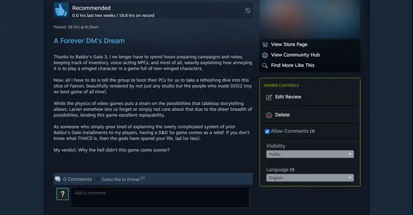 مشاهده نقد Baldur's Gate 3 در Steam