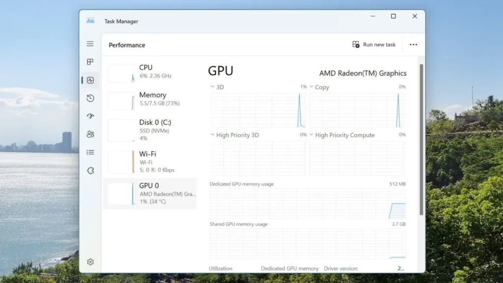بخش اطلاعات کارت گرافیک در task manager