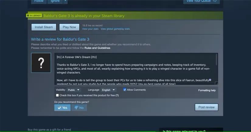 نوشتن نقد برای Baldur's Gate 3 در صفحه فروشگاه آن