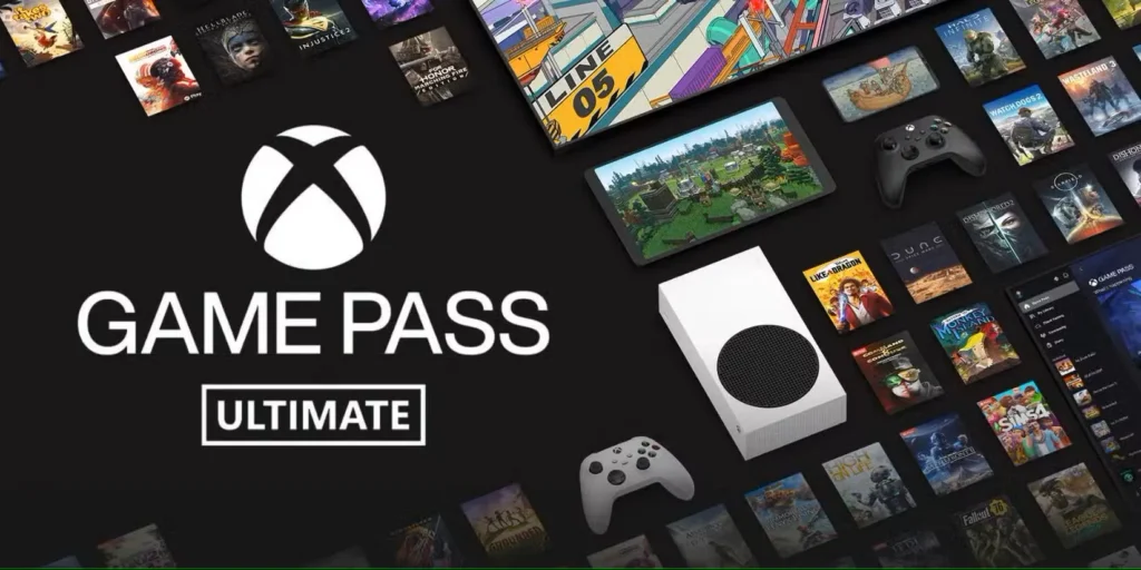لوگوی Xbox Game Pass Ultimate که توسط کنسول و بازی احاطه شده است