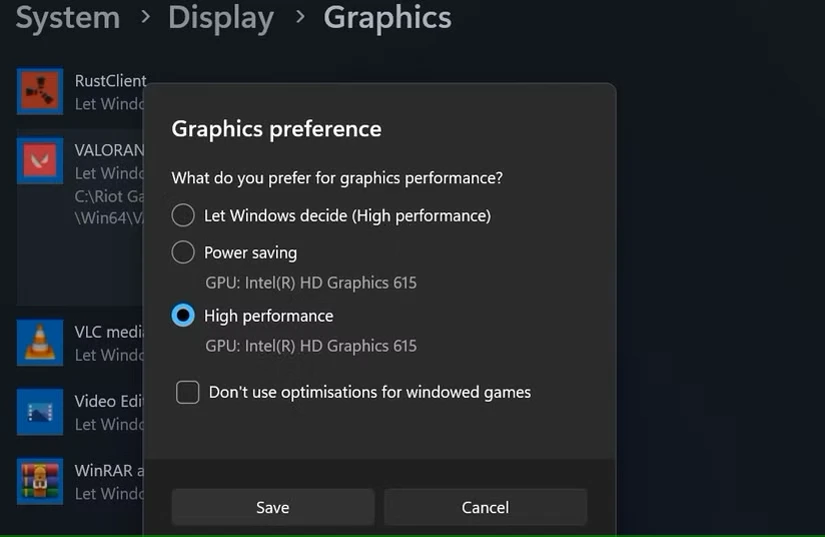در تنظیمات گرافیکی برنامه تنظیمات ویندوز، Valorant Graphics Preference را روی High تنظیم کنید.