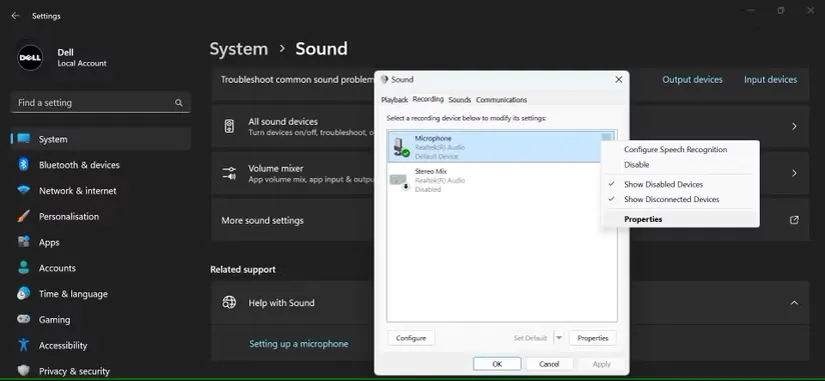به برگه ضبط در پنجره Properties در More Sound Settings بروید.