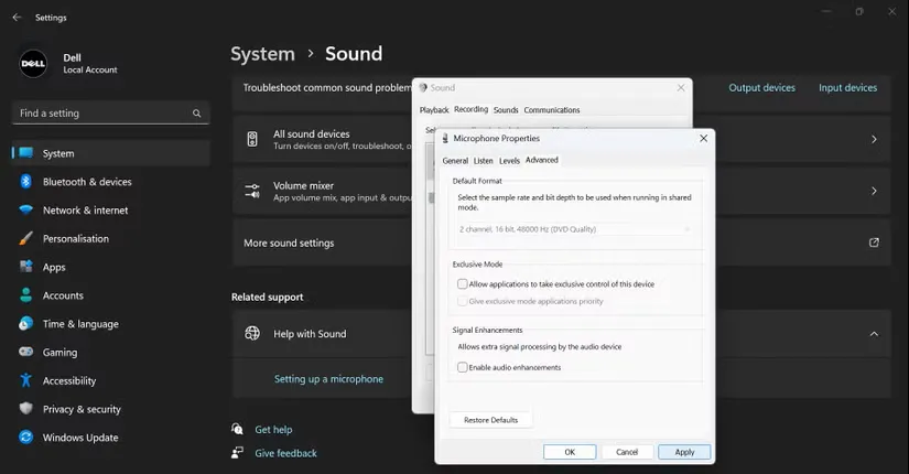 در برگه ضبط More Sound Settings، کنترل انحصاری دستگاه و بهبودهای صوتی را غیرفعال کنید.