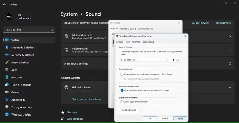 در برگه پخش More Sound Settings، کنترل انحصاری و بهبودهای صوتی را غیرفعال کنید.
