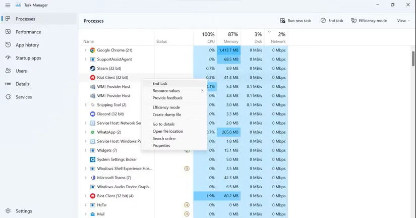 پایان دادن به پردازش Riot در برنامه Windows Task Manager