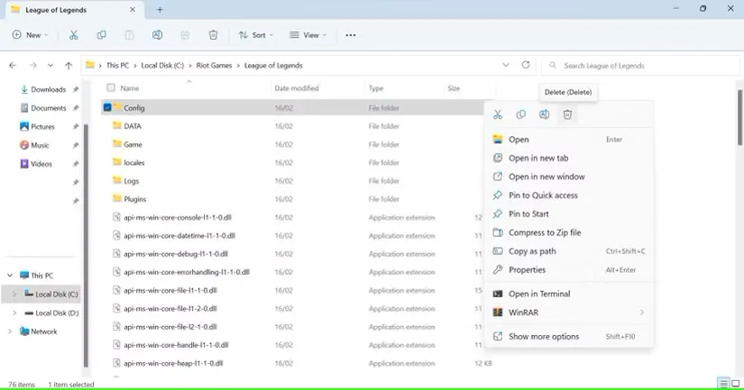 حذف پوشه پیکربندی League of Legends در Windows File Explorer