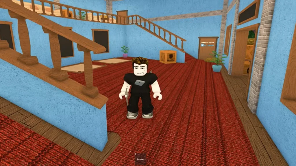بازیکنی که در خانه‌ای در Roblox ایستاده است. معمای قتل ۲.