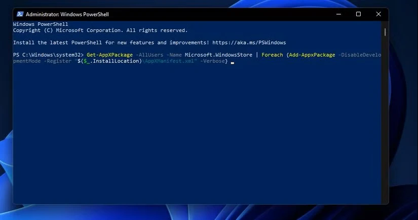 دستور PowerShell برای ثبت مجدد بسته برنامه