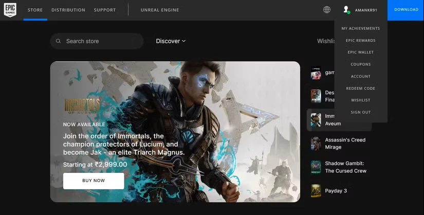 گزینهی Account در Epic Games
