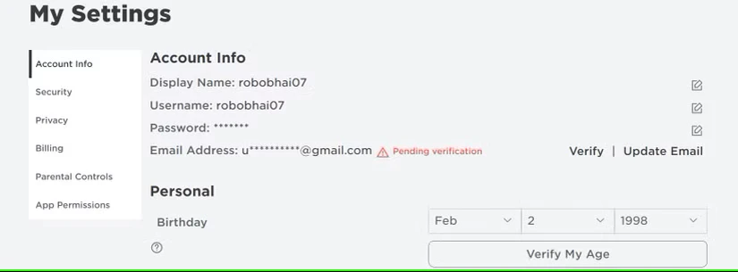 در تنظیمات Robloxs روی گزینه Verify My Age کلیک کنید.