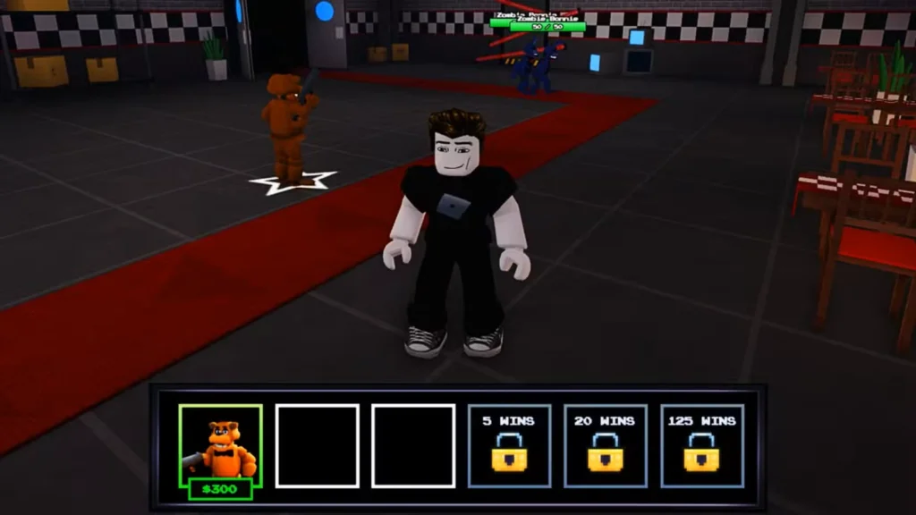 بازیکنی که در Roblox Five Nights TD در نزدیکی مسیر دشمن ایستاده است، در حالی که فردی خرسه آماده شلیک به دشمنان است.