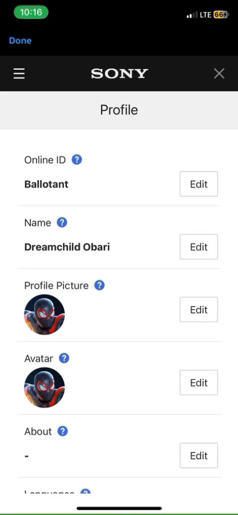تنظیمات پروفایل در برنامه PS