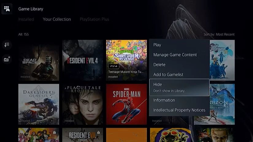 گزینه پنهان کردن یک بازی در کتابخانه PlayStation 5